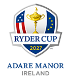 Logo of the Ryder Cup 2027, featuring a stylized golf trophy with blue and gold accents and the event name beneath it.