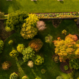 A grand historic manor surrounded by manicured gardens under a cloudy sky, highlighting its old-world architecture with tall stone towers and intricate detailing.